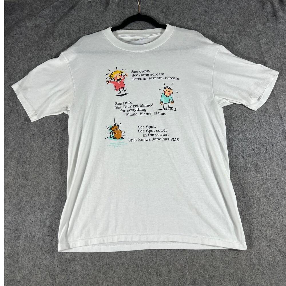 VINTAGE 90s Dick Jane Inappropriate Shirt Mens Large White Humor Graphic Tee PMS